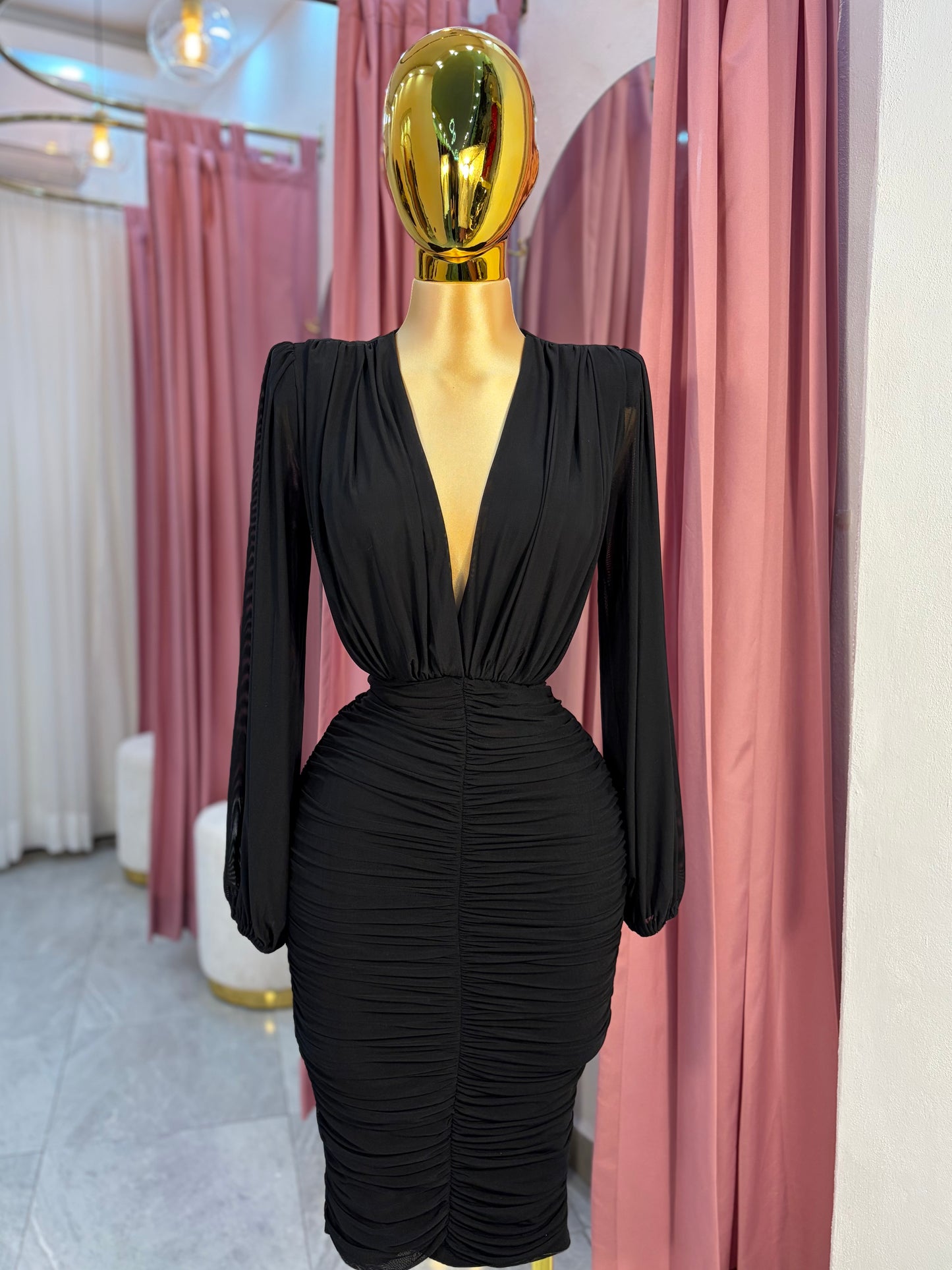 VESTIDO MIDI MESH MANGA LARGA CORRUGADO