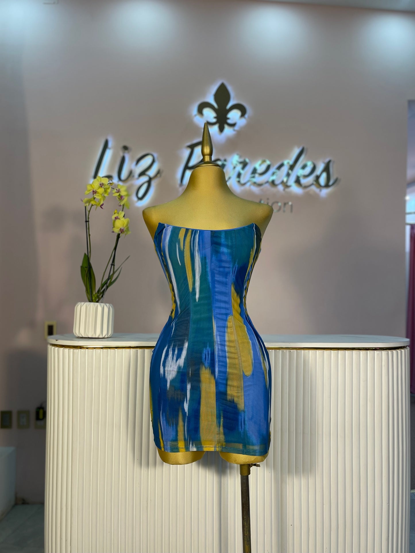 VESTIDO-MINI MESH AZUL/AMARILLO