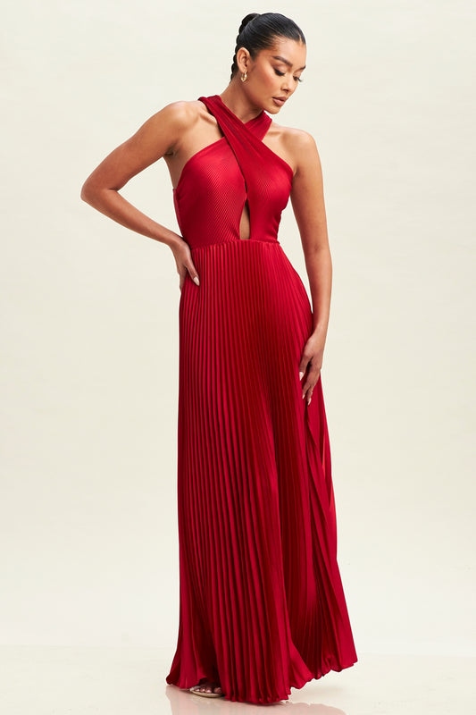 VESTIDO MAXI PLISADO HALTER ROJO SATÉN
