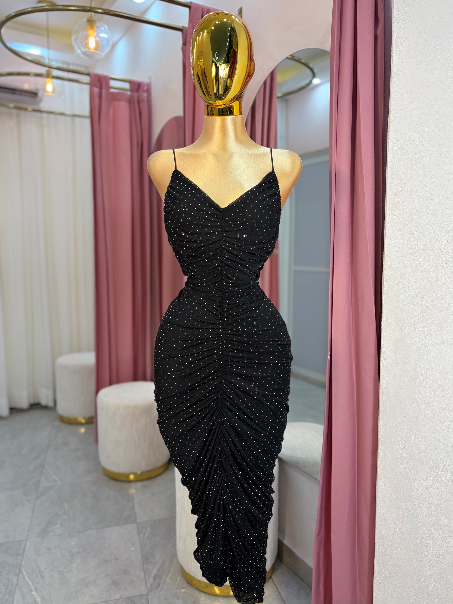 VESTIDO MIDI MESH CORRUGADO CRISTALES