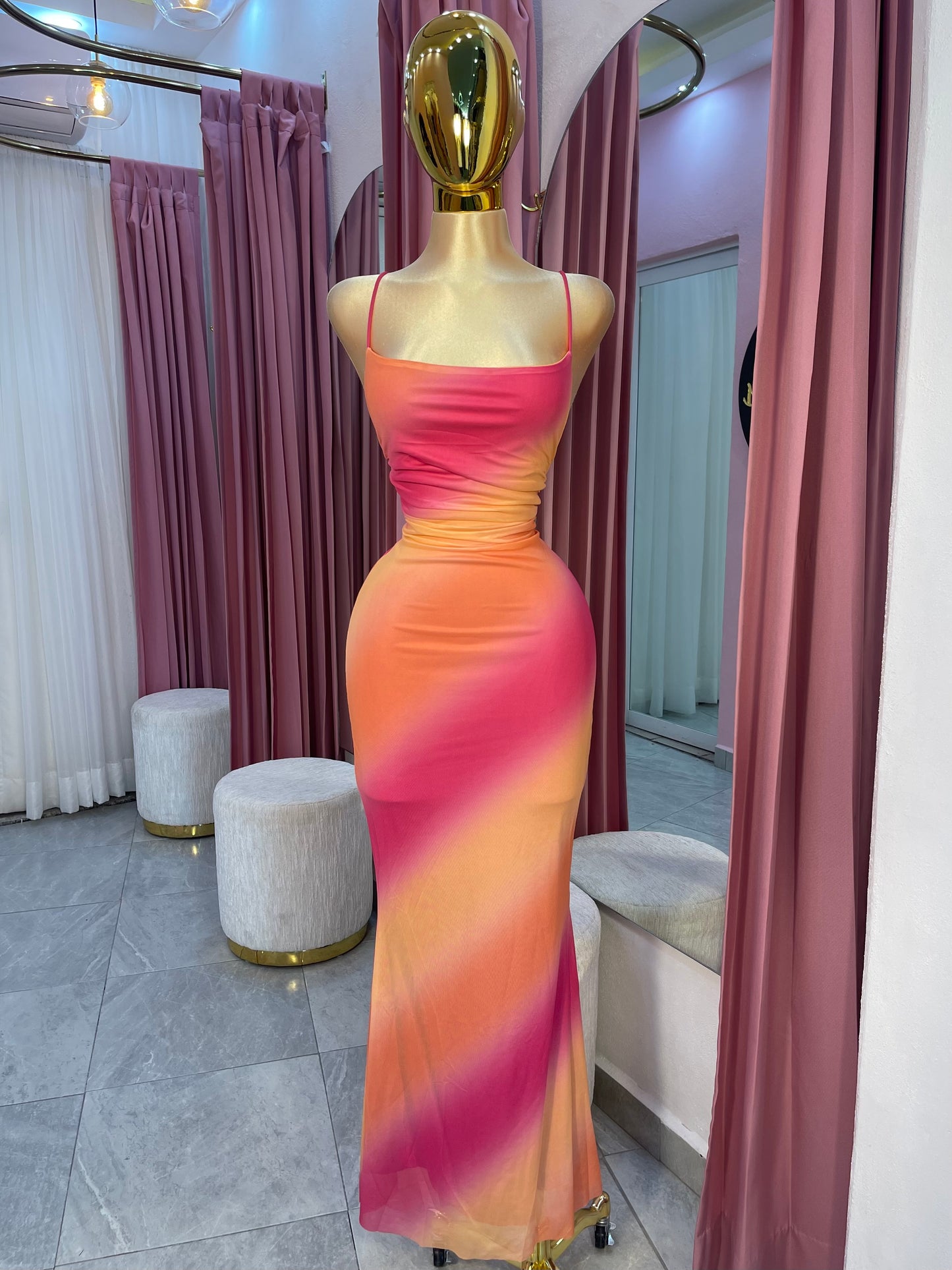VESTIDO MAXI MESH CARAMELO ROSA/NARANJA
