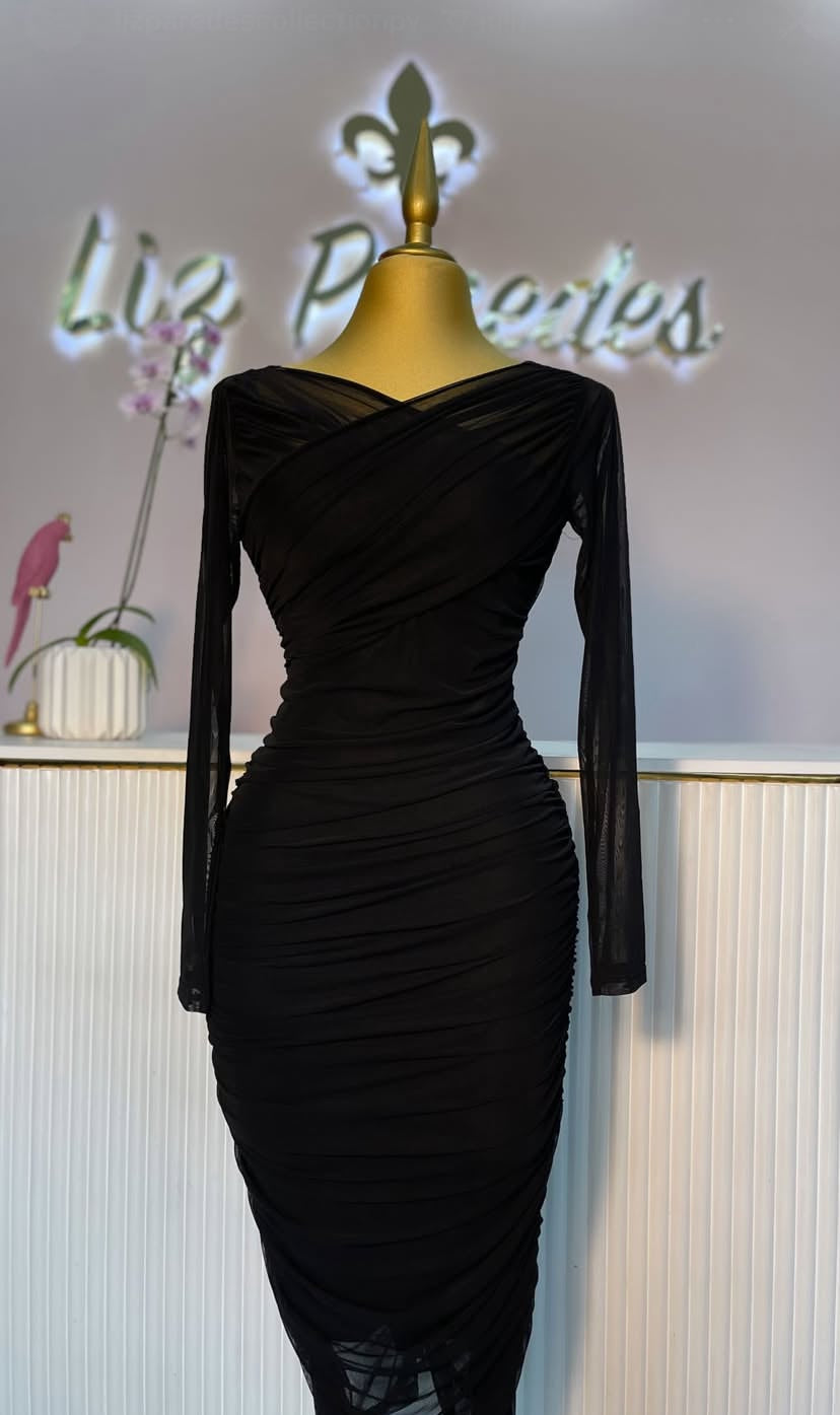 VESTIDO MIDI MESH MANGA LARGA ESCOTE X