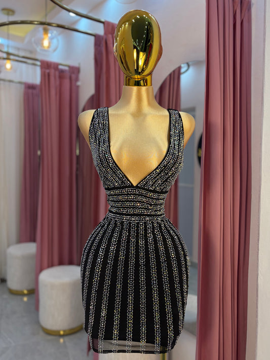 VESTIDO-MINI CRISTALES CUELLO V