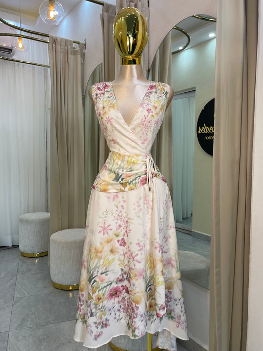 VESTIDO MIDI SATIN FLORES BLUSH