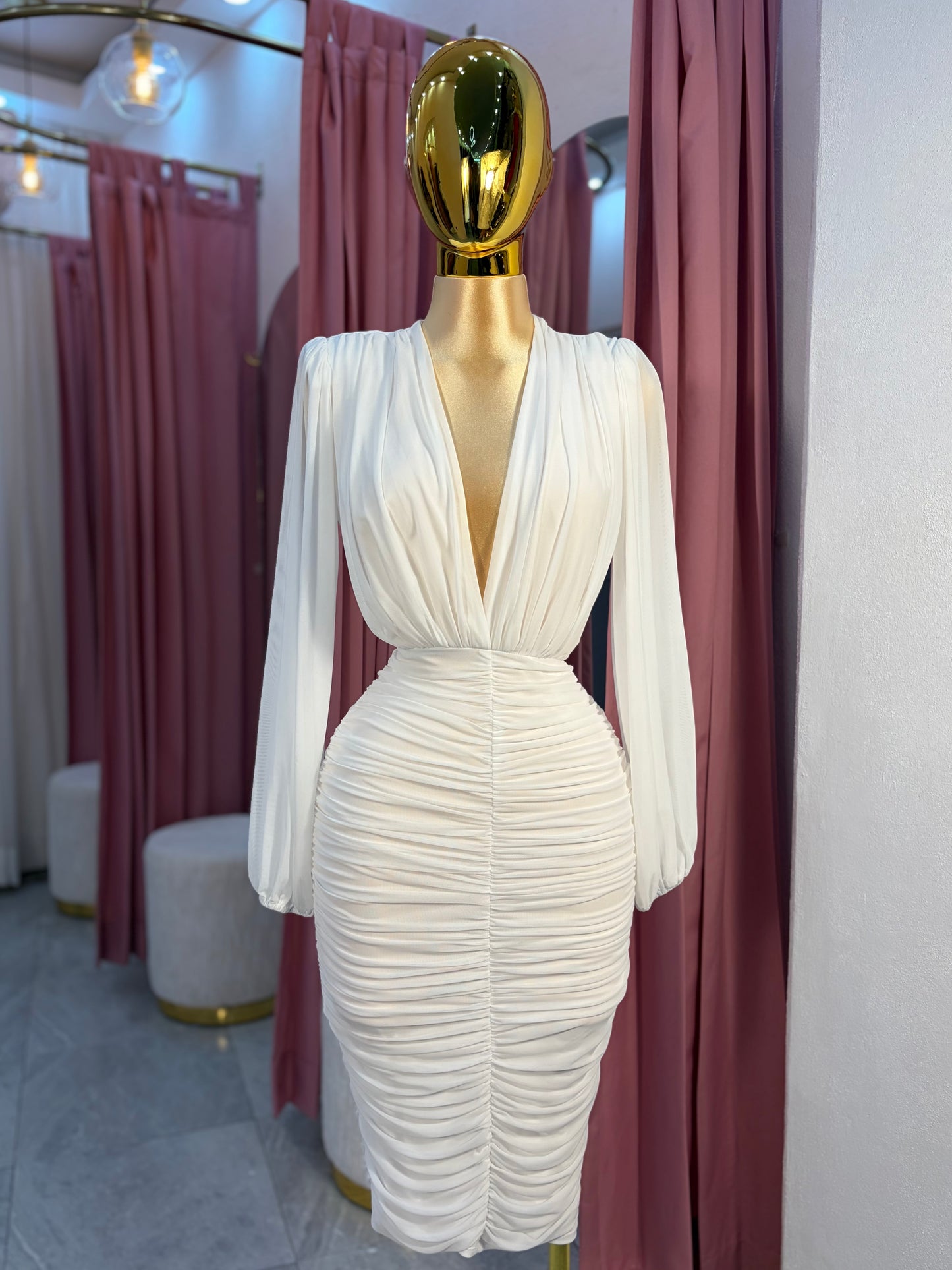 VESTIDO MIDI MESH MANGA LARGA CORRUGADO