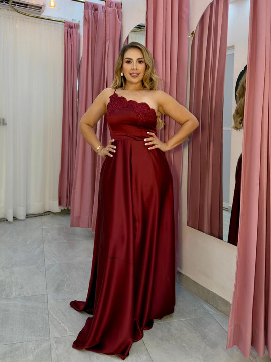 VESTIDO MAXI SATIN ASIMÉTRICO ENCAJE