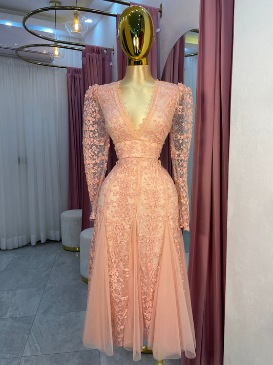 VESTIDO MIDI ROSA MANGA LARGA