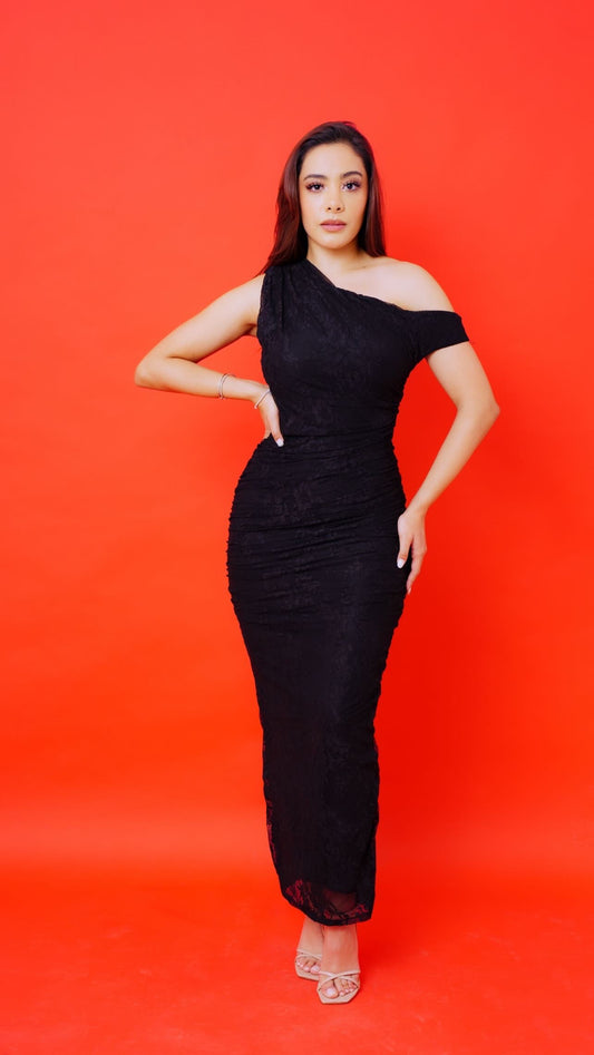VESTIDO ENCAJE ASIMETRICO