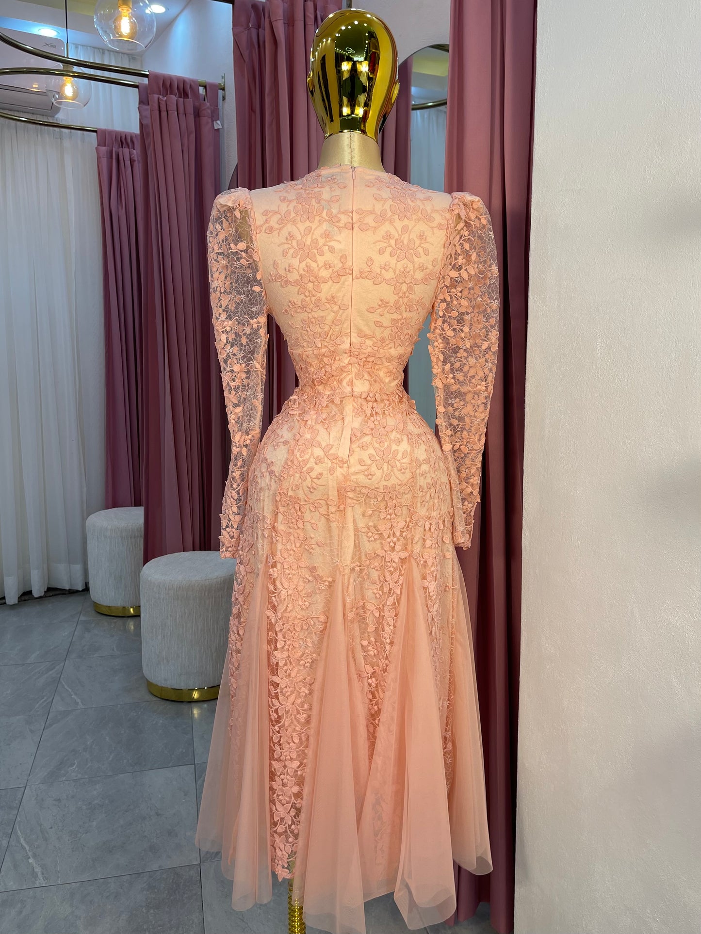 VESTIDO MIDI ROSA MANGA LARGA