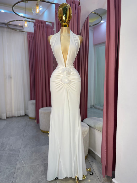 VESTIDO MAXI ESCOTE FLORES BLANCO
