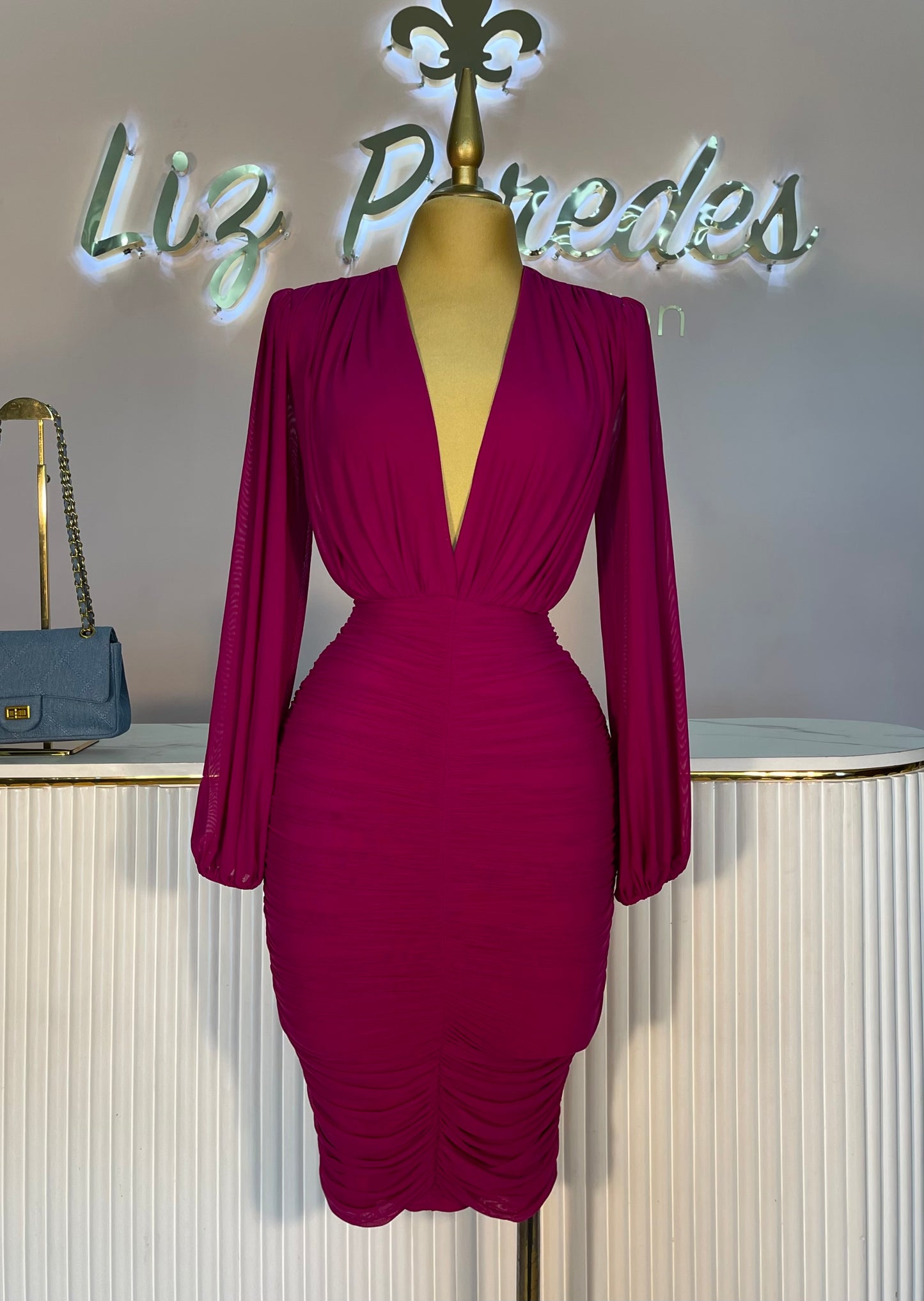 VESTIDO MIDI MESH MANGA LARGA CORRUGADO
