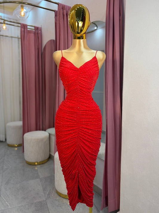 VESTIDO MIDI MESH CORRUGADO CRISTALES
