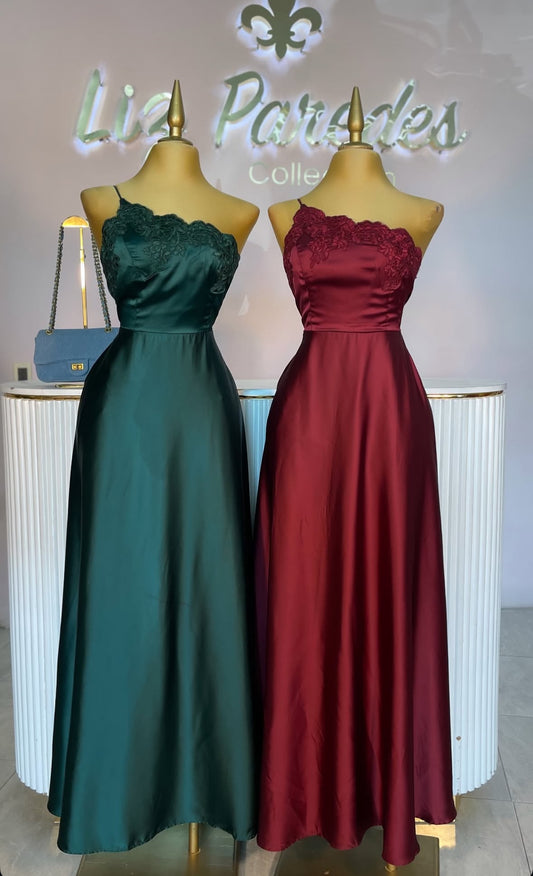 VESTIDO MAXI SATIN ASIMÉTRICO ENCAJE