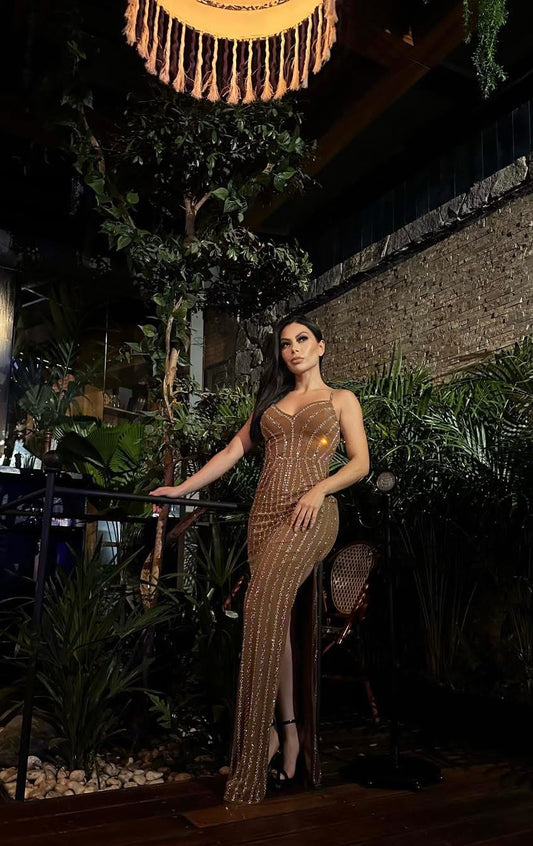 VESTIDO MAXI TIRANTES CAFE CRISTALES