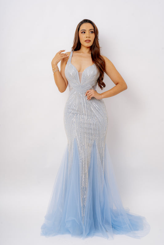 VESTIDO CORTE SIRENA CRISTALES BABY BLUE
