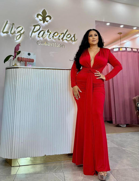VESTIDO MAXI MANGA LARGA CUELLO V