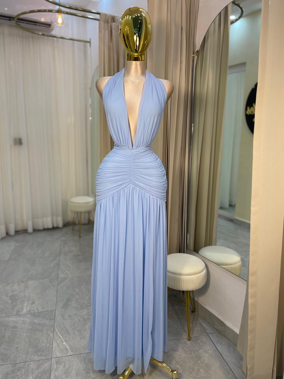 VESTIDO MAXI CUELLO V CORRUGADO