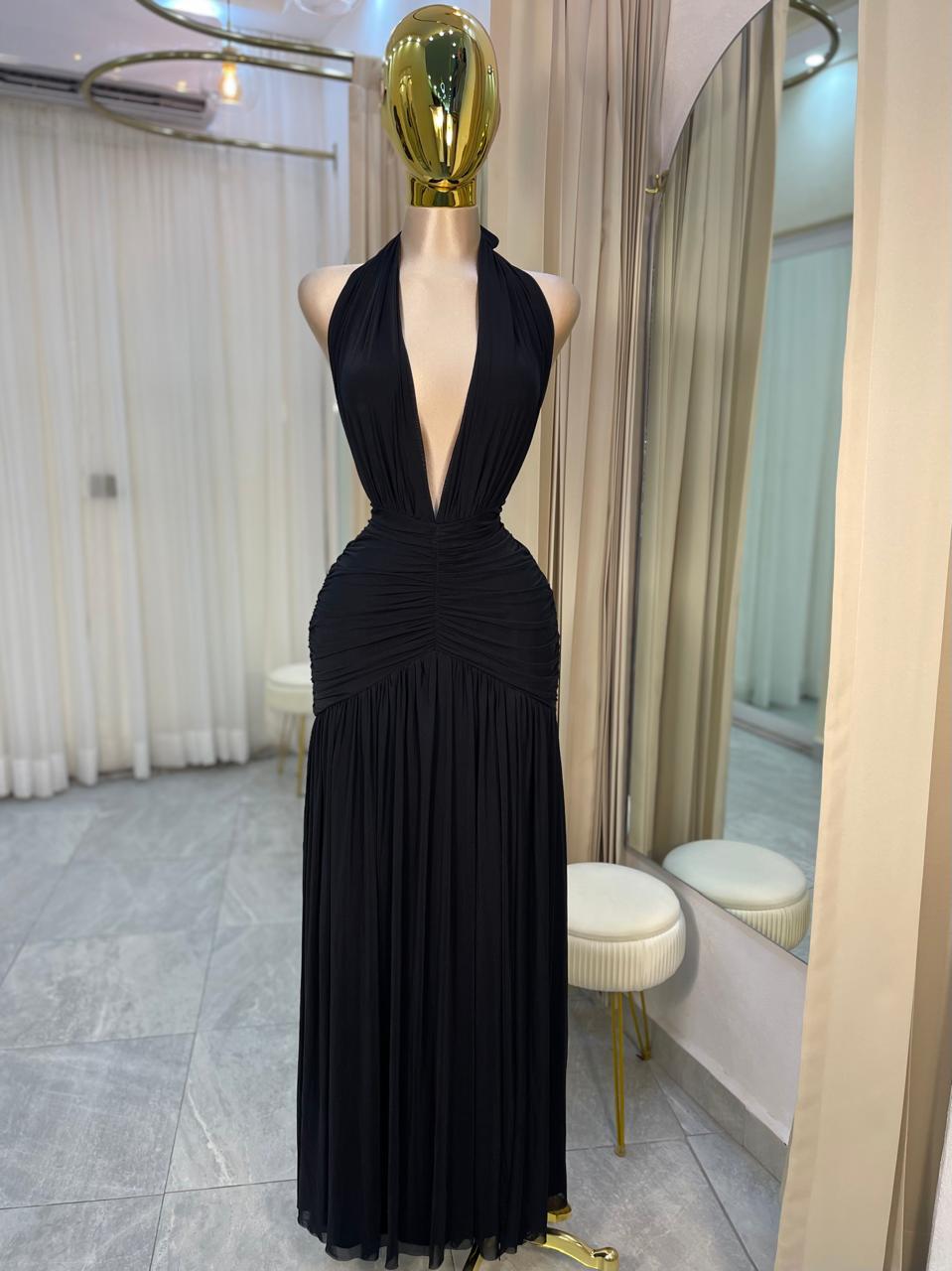 VESTIDO MAXI CUELLO V CORRUGADO